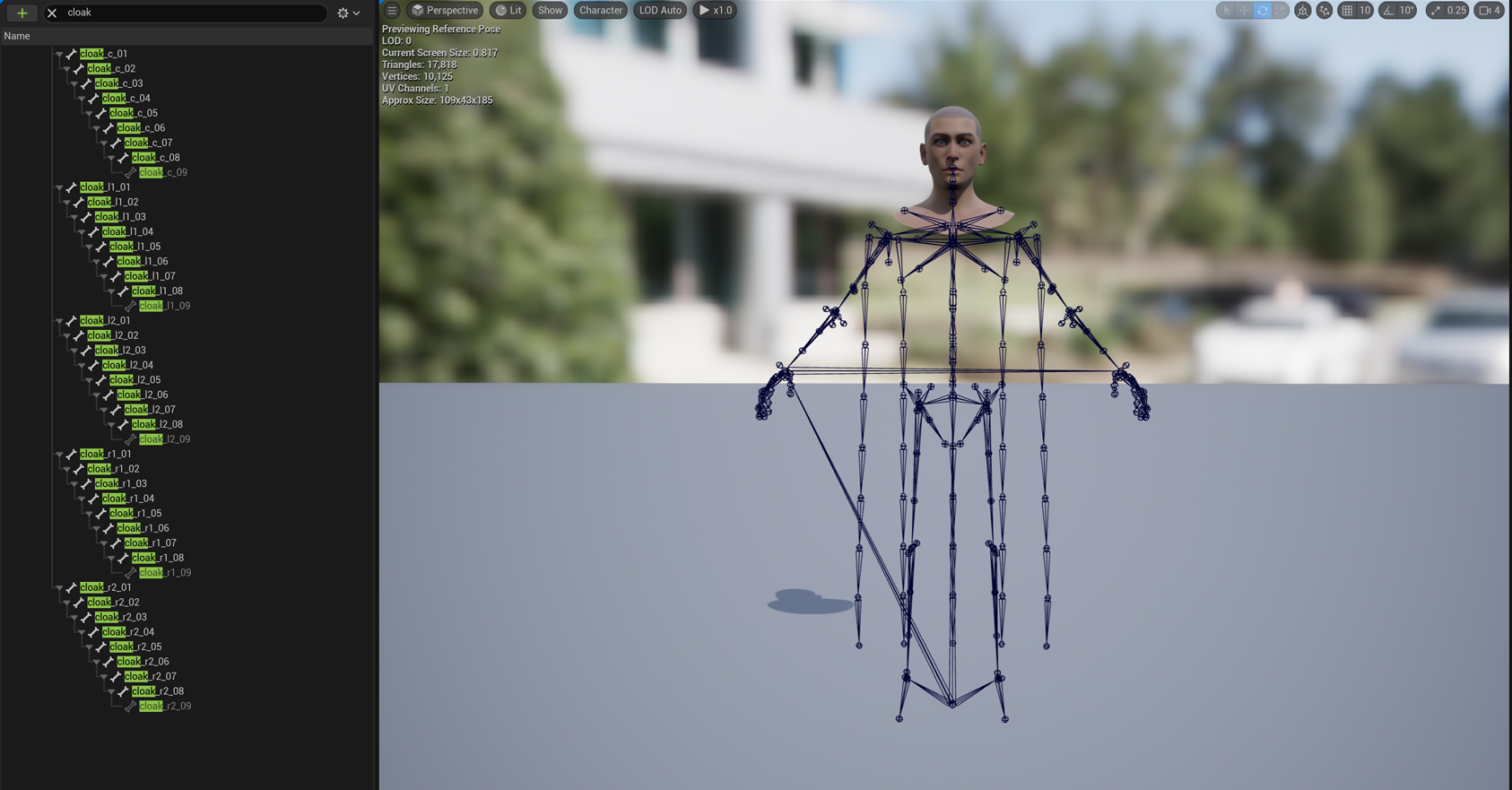 The skeleton in Unreal filtered by 'cloak': five chains of nine bones (cloak_c, cloak_l1, cloak_l2, cloak_r1, cloak_r2) on the left, and the skeleton in the viewport with the cloak bones hanging from the shoulders down to the legs.