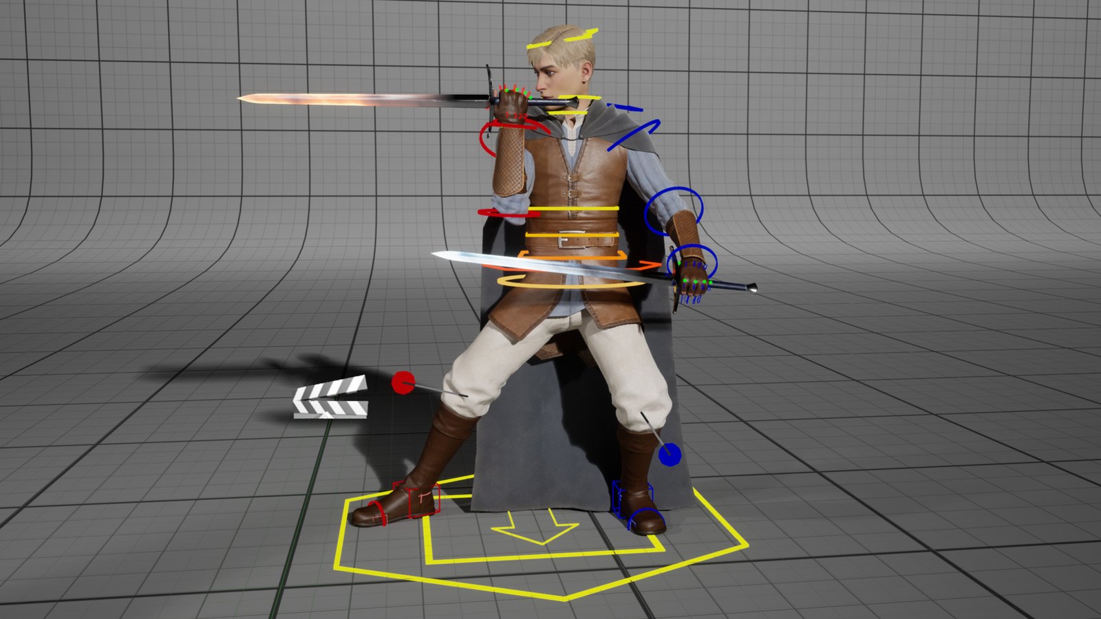 The Wanderer in a wide sword stance holding two swords, with Control Rig controls drawn around the body: rings on the spine, arms and hands, foot boxes and the yellow root control on the floor.