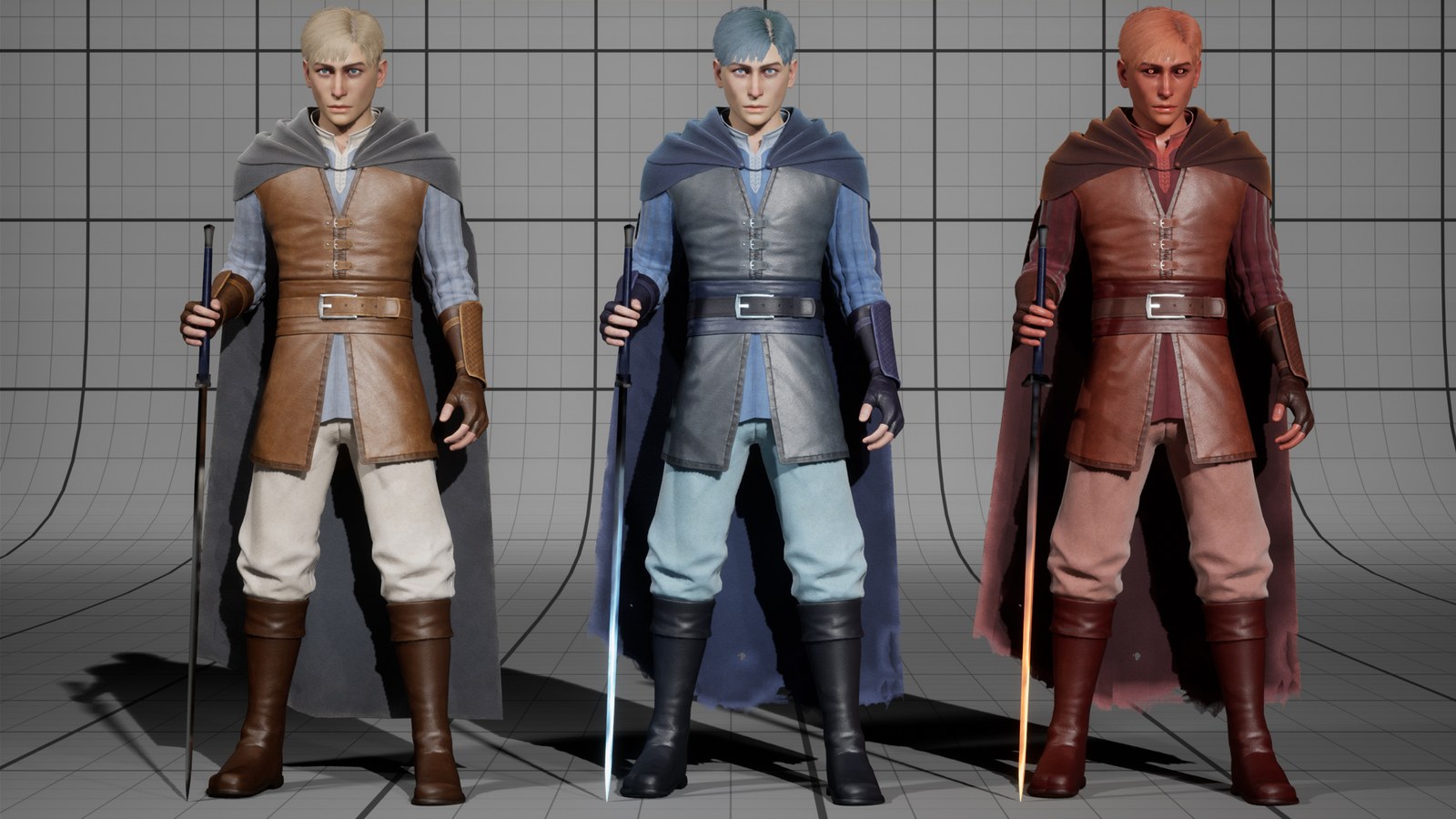 The Wanderer three times side by side, each holding a sword: the default brown leather look, a blue Ice look with a glowing blue blade, and a red Fire look with a glowing orange blade.