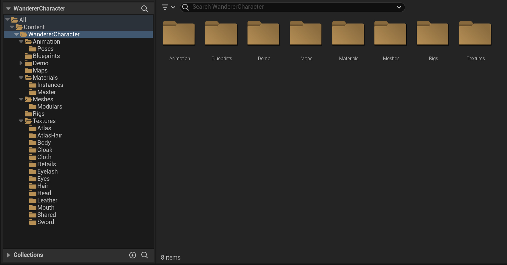 The Unreal Content Browser showing the WandererCharacter folder and its subfolders: Animation (with Poses), Blueprints, Demo, Maps, Materials (Instances, Master), Meshes (Modulars), Rigs, and Textures with one folder per material.