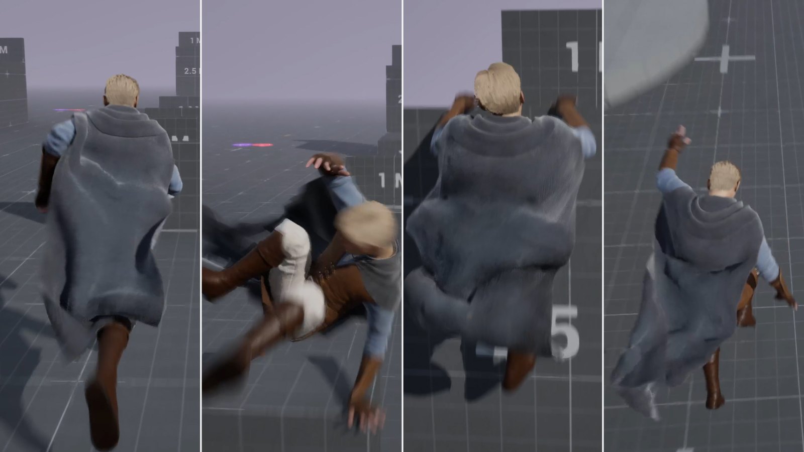 Four shots of the Wanderer from behind in Epic's Game Animation Sample: running, tumbling, jumping up a wall and leaping, the cloak flowing with each move.