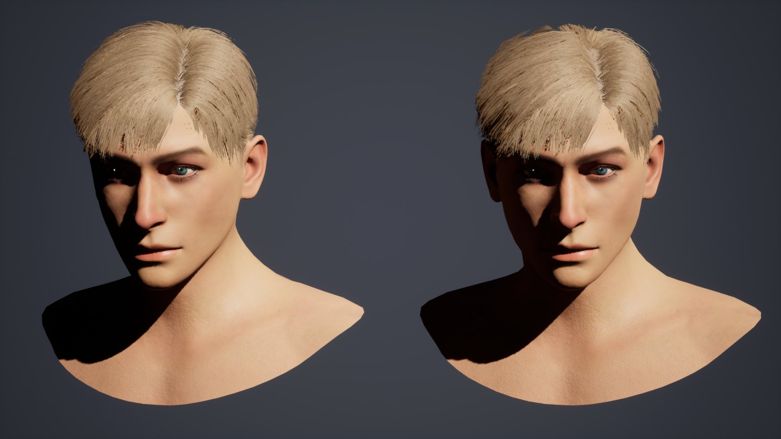 Two close-ups of the Wanderer's head: on the left the full hair cards, on the right the low version, which looks almost the same.