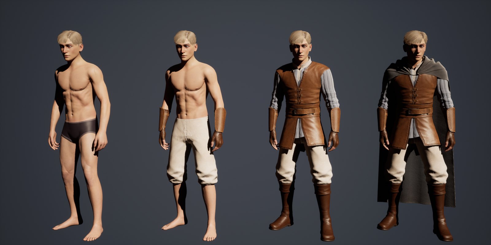 Four Wanderers built from parts: bare body; with pants and gloves; fully clothed with shirt, leather top and boots; and with the cloak added.
