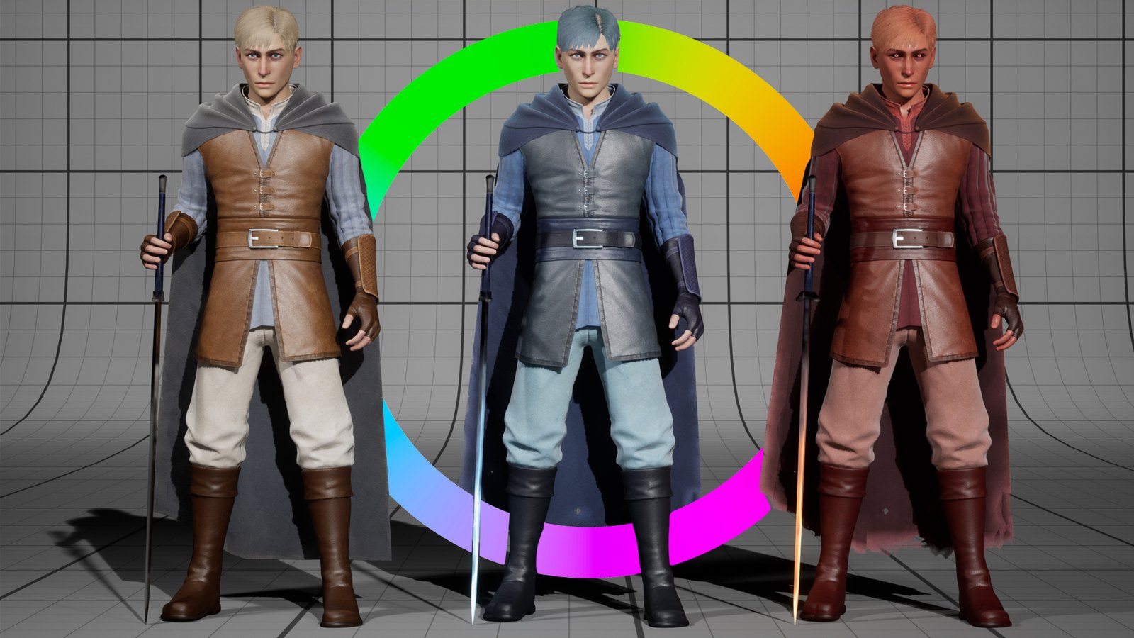 The Wanderer three times in front of a colour wheel: brown leather and blond hair, then blue-grey leather with blue hair and a glowing blue blade, then red leather with copper hair and a glowing orange blade.