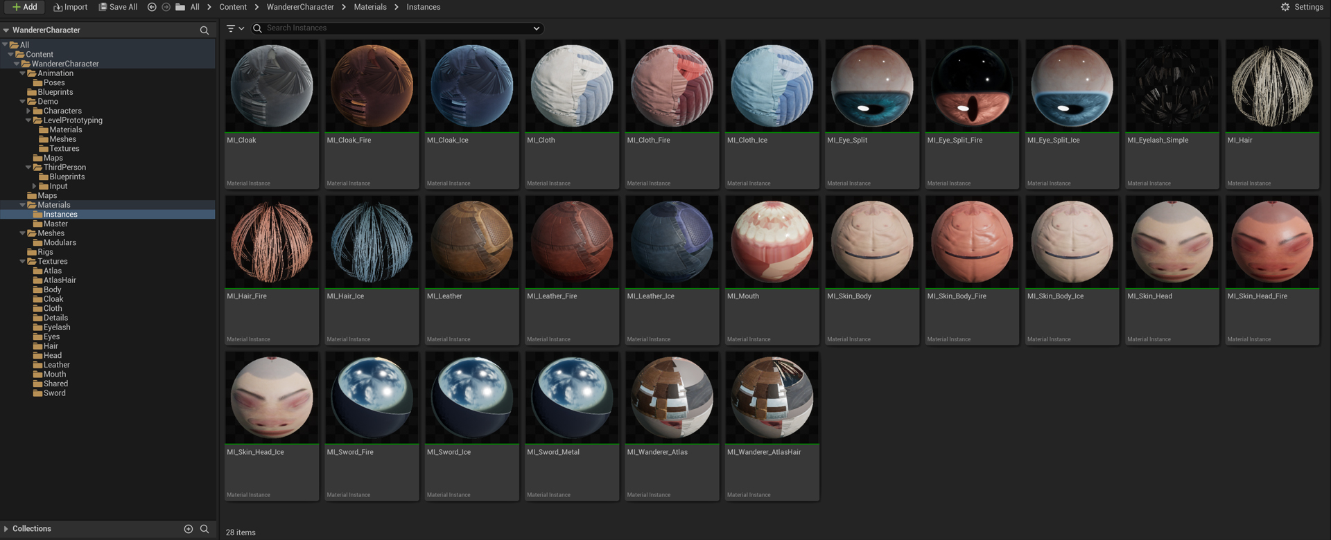 The Materials/Instances folder in the Unreal Content Browser: 28 material instances shown as preview spheres - cloak, cloth, eyes, eyelash, hair, leather, mouth, skin body and head, sword and the two atlases, most with Fire and Ice versions.
