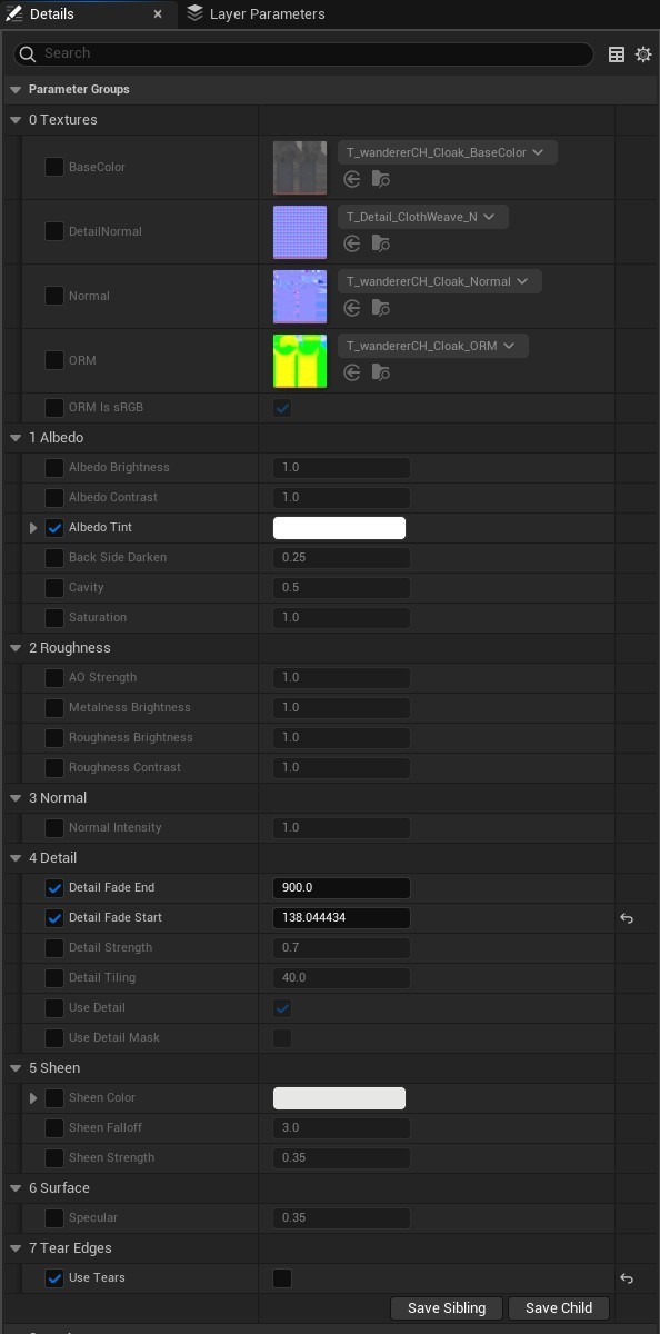 The Details panel of MI_Cloak, including the Tear Edges group.