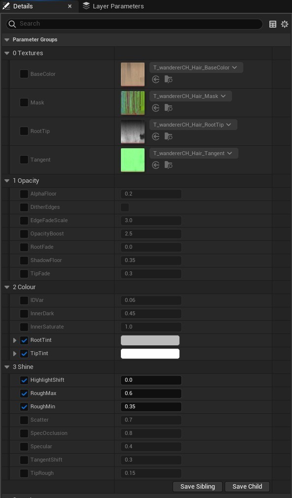 The Details panel of MI_Hair: Opacity, Colour, Shine and Shape groups.
