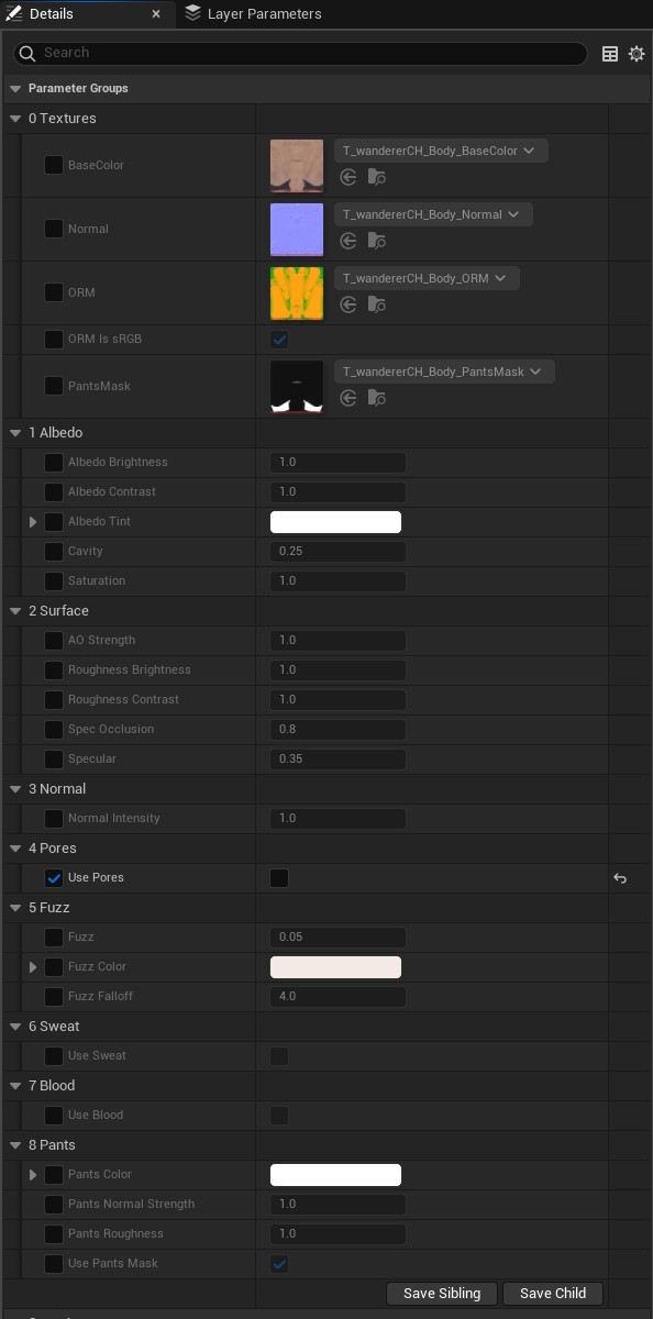 The Details panel of MI_Skin_Body: the same groups as the head plus Pants.