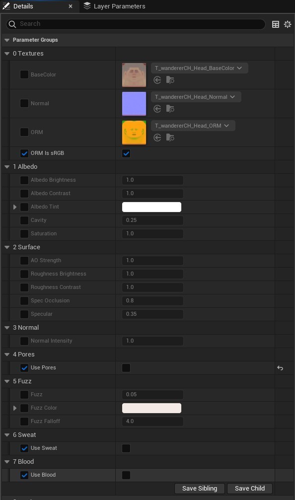 The Details panel of MI_Skin_Head: textures, albedo, surface, normal, and the Pores, Fuzz, Sweat and Blood groups.