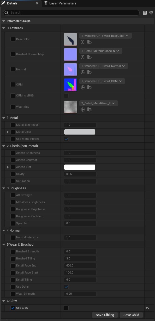 The Details panel of MI_Sword_Metal: Metal, Albedo, Roughness, Normal, Wear and Brushed, and Glow groups.