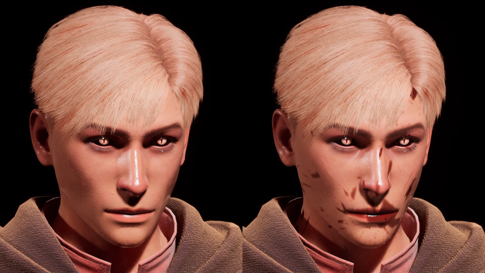 Two close-ups of the Wanderer's face: on the left the skin glistens with sweat, on the right dark blood splatters cross the cheeks, nose and chin.