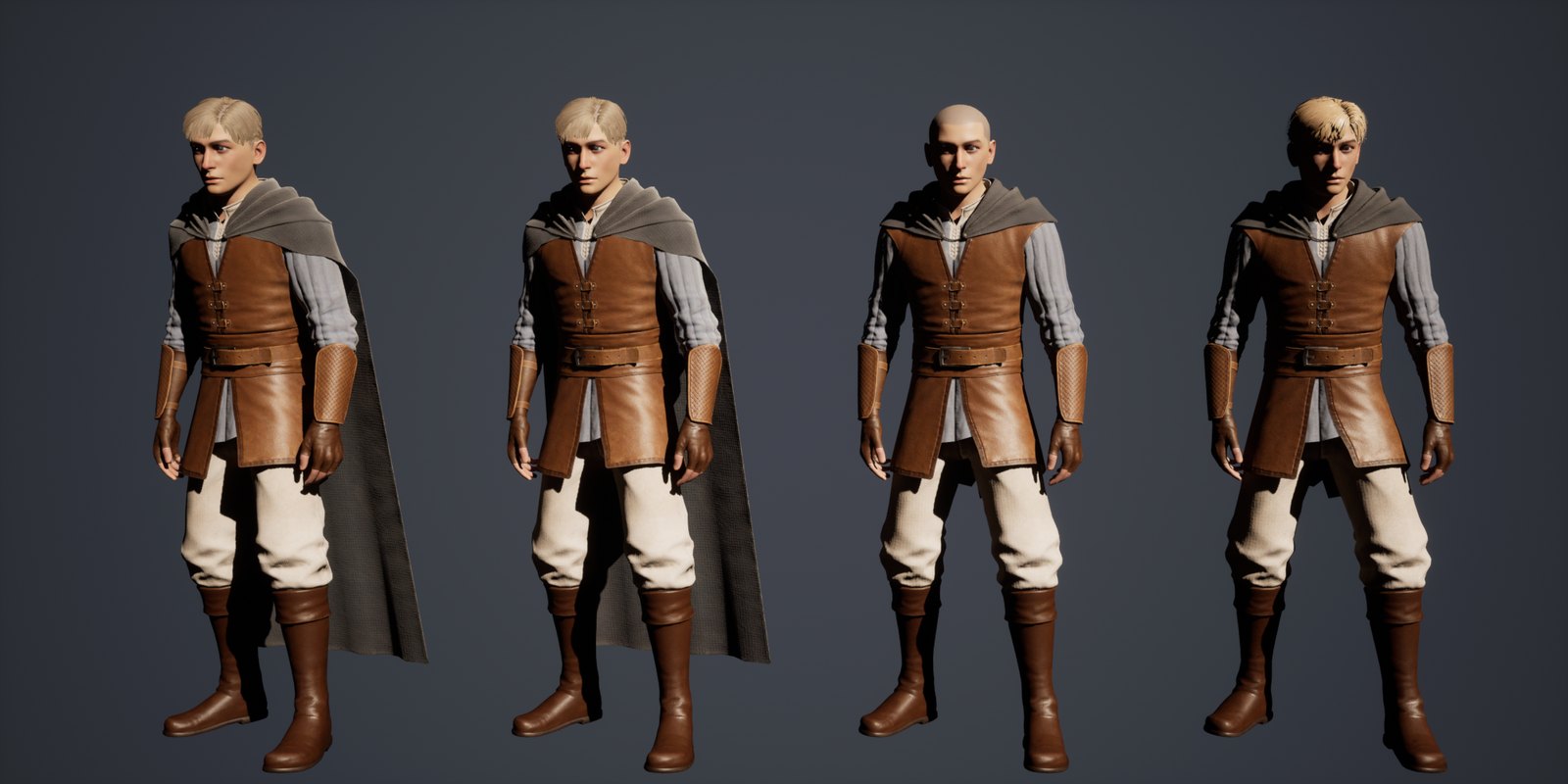 Four versions of the clothed Wanderer: modular, one-piece, atlas without hair and atlas with hair. The atlas versions wear a short mantle instead of the long cape.